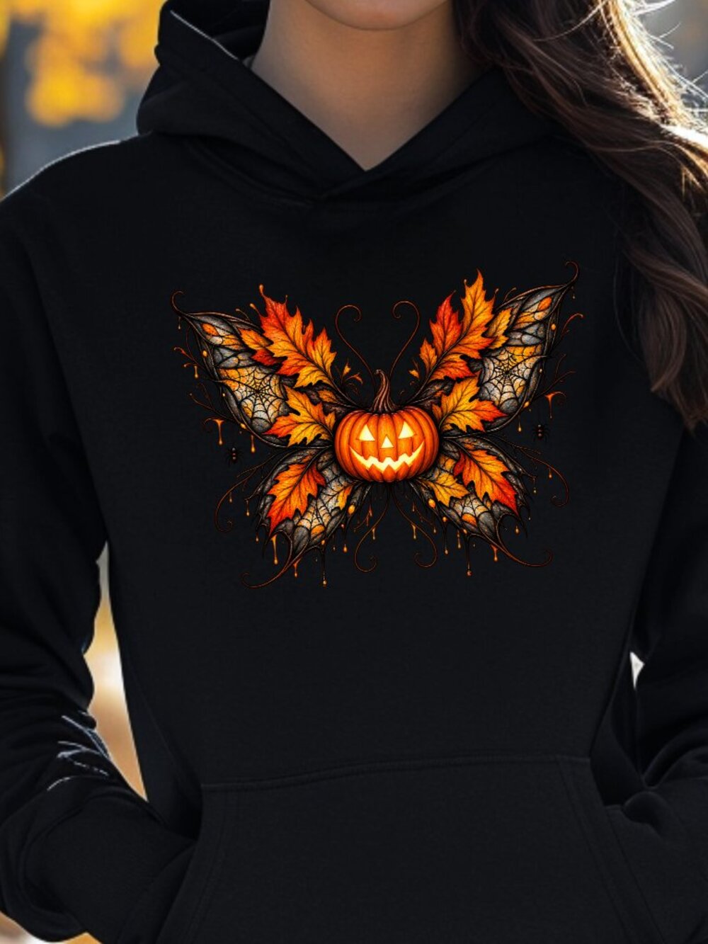 Halloween Pumpkin Butterfly HOODIE Graphic Sweatshirt Adult Unisex Fall Leaves